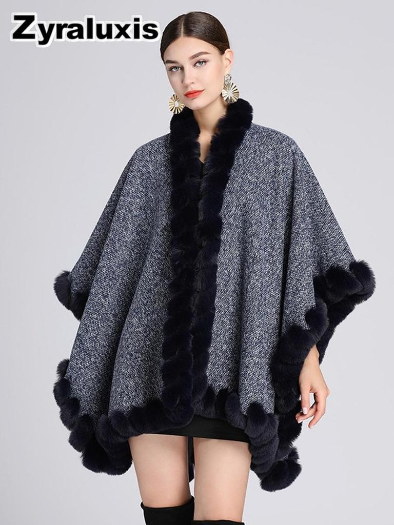 Women's Sherpa Fleece Poncho with Rabbit Fur Collar for Fall Winter Casual Wear