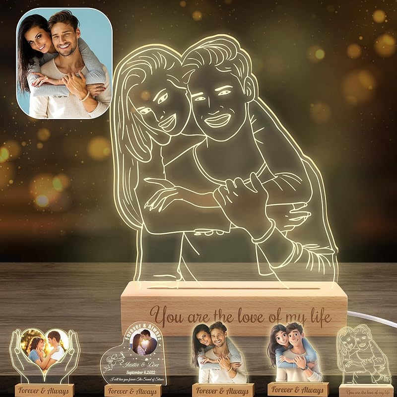 Personalized Night Light Custom Light Up Picture Frame Acrylic Custom Cartoon Style 3D Acrylic Lamp with Photo Text Engraved Customized Photo Gifts
