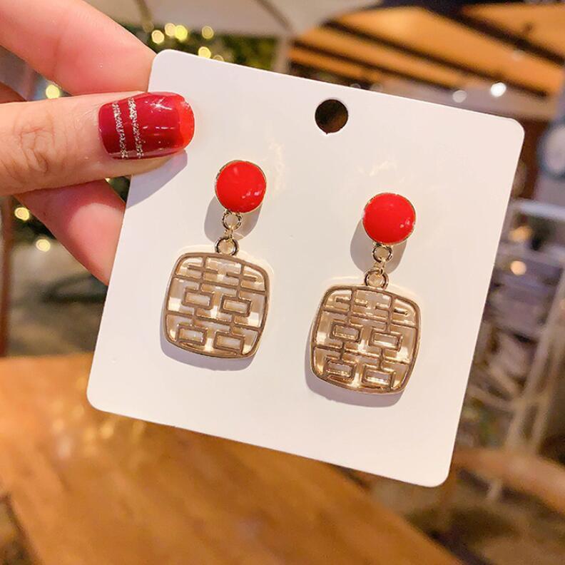

925 Silver Needle Happy Earrings Women s New Year Red Earrings Retro Autumn and Winter Personality Temperament Versatile Earrings