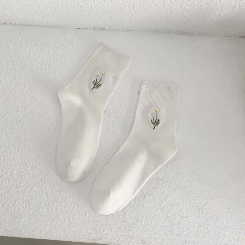 

Носки с вышитым цветочным узором в виде ворса на осень и зиму, хлопковые носки-трубы, однотонные женские носки