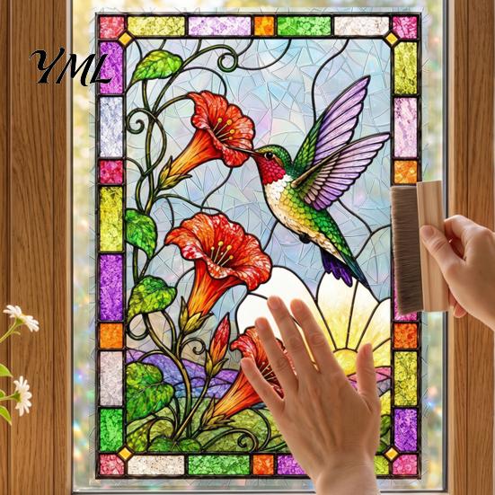 Static Decorative Window Film Stained Glass Clings, Hummingbird Flower Stickers, Removable No Glue Decal PVC Decals for Home Door Sunroom Privacy