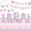 Pink Butterfly Disposable Tableware Paper Plates Cups Happy Birthday Banner Tablecloth Baby Shower Wedding Party Supplies