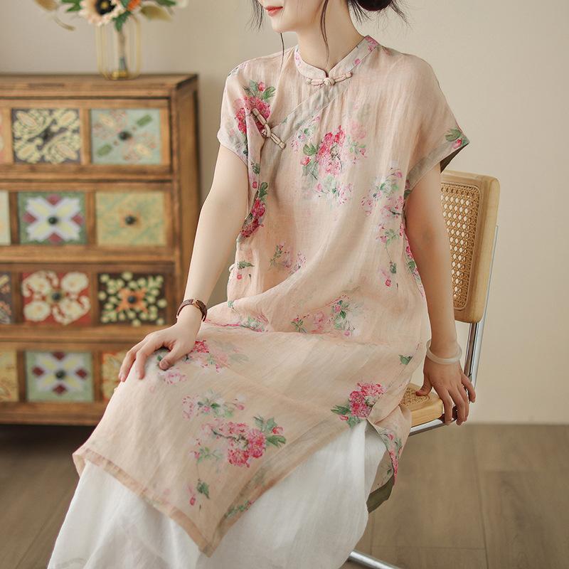 

Summer cold wind disc buckle oblique placket cotton and linen medium and long dress literary tea service side split robe 2XL