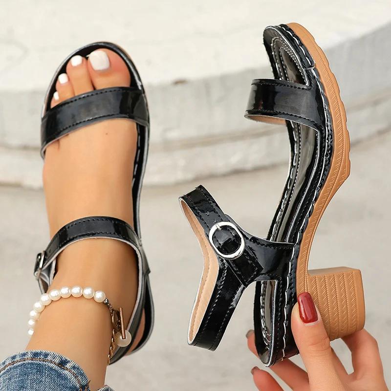 Fashion One Strap White Thick Heel Sandals for Women Lightweight Pu Leather Ankle Buckle Sandles Woman Plus Size Summer Sandalias Mujer