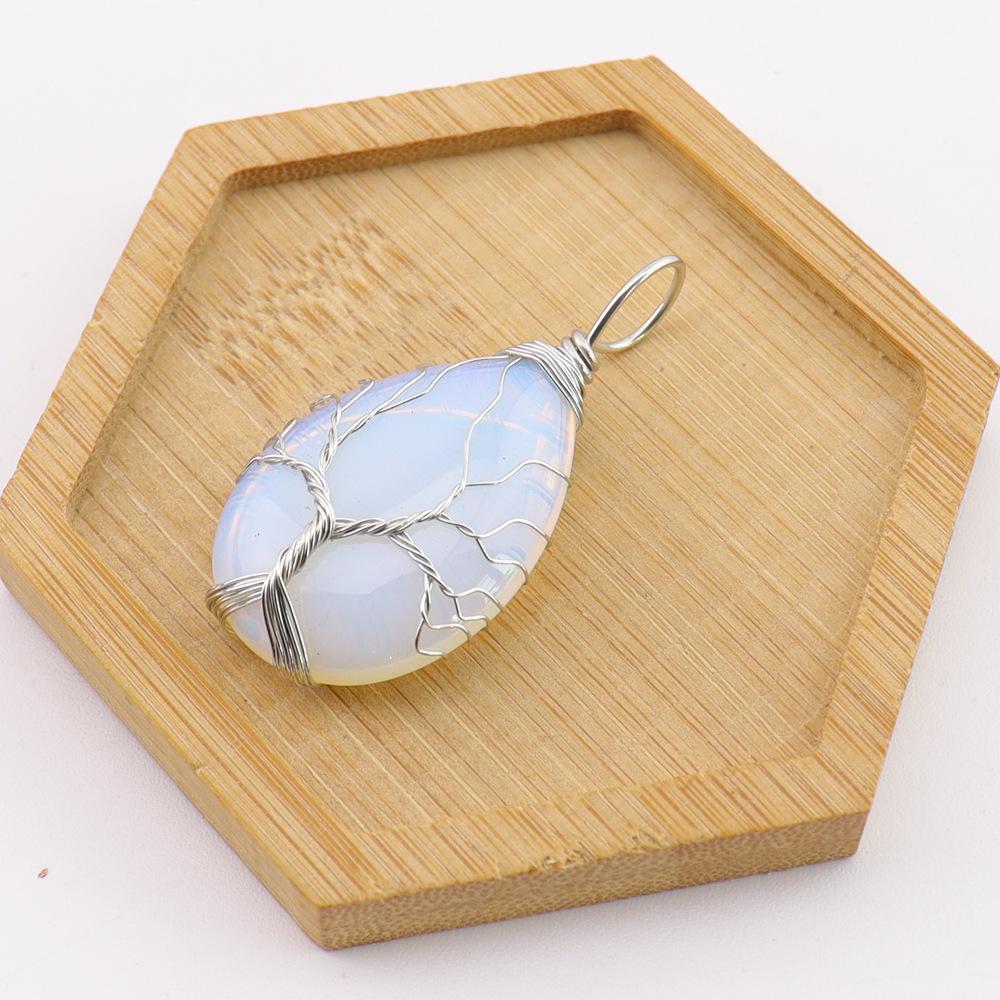 Natural Stone Agate Water Drop Tree of Life Pendant Necklace