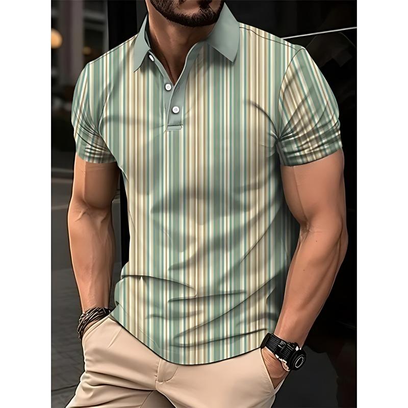 2026 Summer Men's Polo Shirt with Stripes Print Breathable Lightweight Casual Fashionable Outdoor Men's Clothing