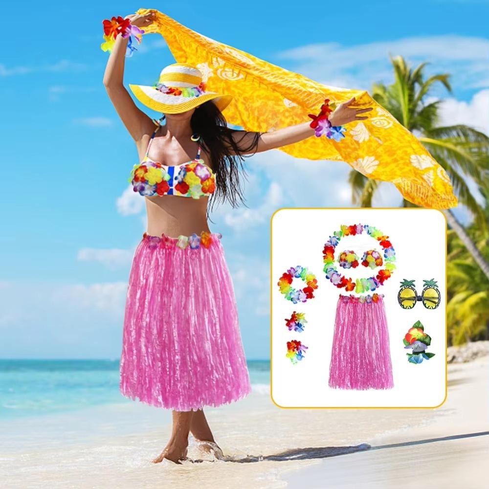 Party Decoration Necklace Garland Wristbands Fancy Dress Headband Hawaiian Hula Skirt Set Costume