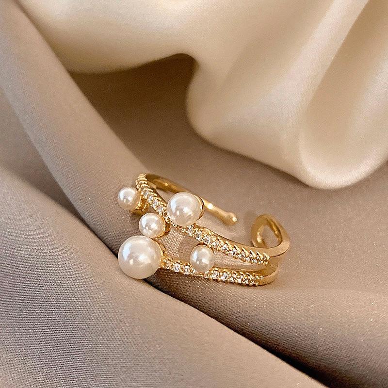 New Fashion Trend Unique Design Elegant Exquisite Vintage Pearl Open Ring Women Jewelry Party Premium Gift