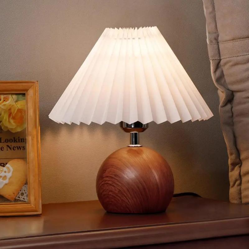 LED Bedside Table Lamp Cute Small Pleated Lamps for Nightstand Circular Walnut Ambient Light USB Bedroom Decoration Night Light