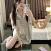 Korean Version Striped Bear Girl Pajamas Summer Cardigan Short-sleeved Shorts Set Student Dormitory Can Go Out Loungewear