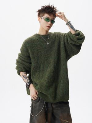 Men's Retro Cable Knit Sweater - Round Neck, Loose Fit, Autumn & Winter Layering Pullover