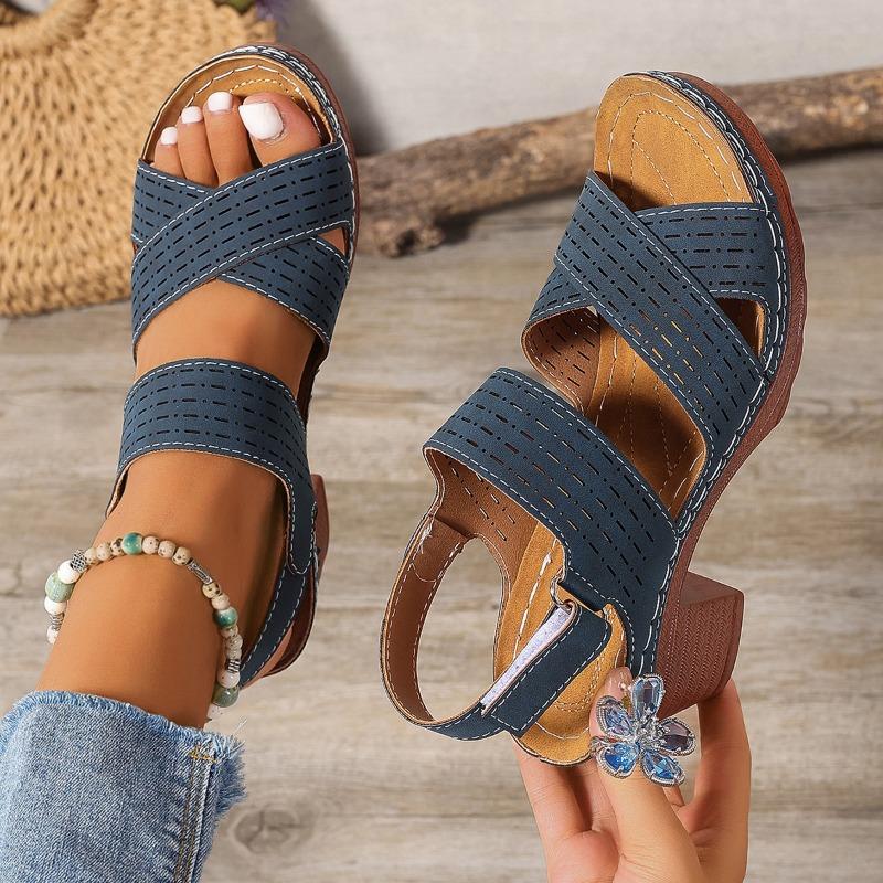 Summer Thick Heel Wedge Sandals Light Hollow Solid Color Large Size Women's Velcro Sandals