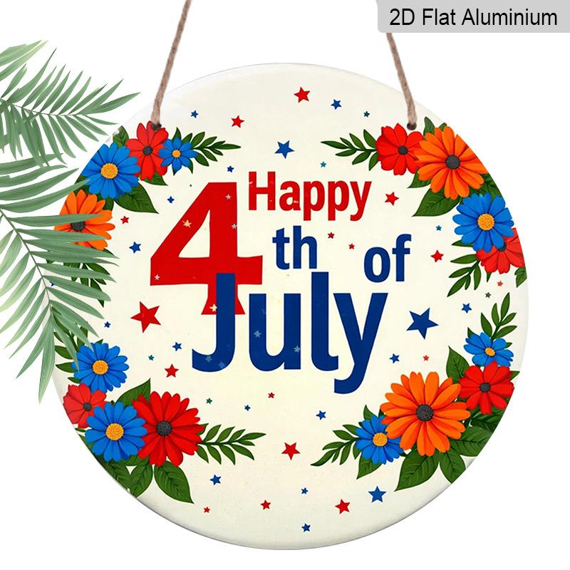 

2D Flat, 1pc Round Happy 4th of July Aluminum Hanging Sign, Floral Patriotic Star Letter Design, Rustic Metal Wall Decor, Perfect for Independence 7.87x7.87inch