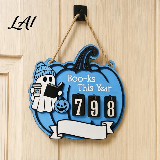 Halloween Reading Counter Ghost Pumpkin Tracker Wooden Hanging Sign Sliding Number for Book Read This Year Digital Spooky Decor with Jute