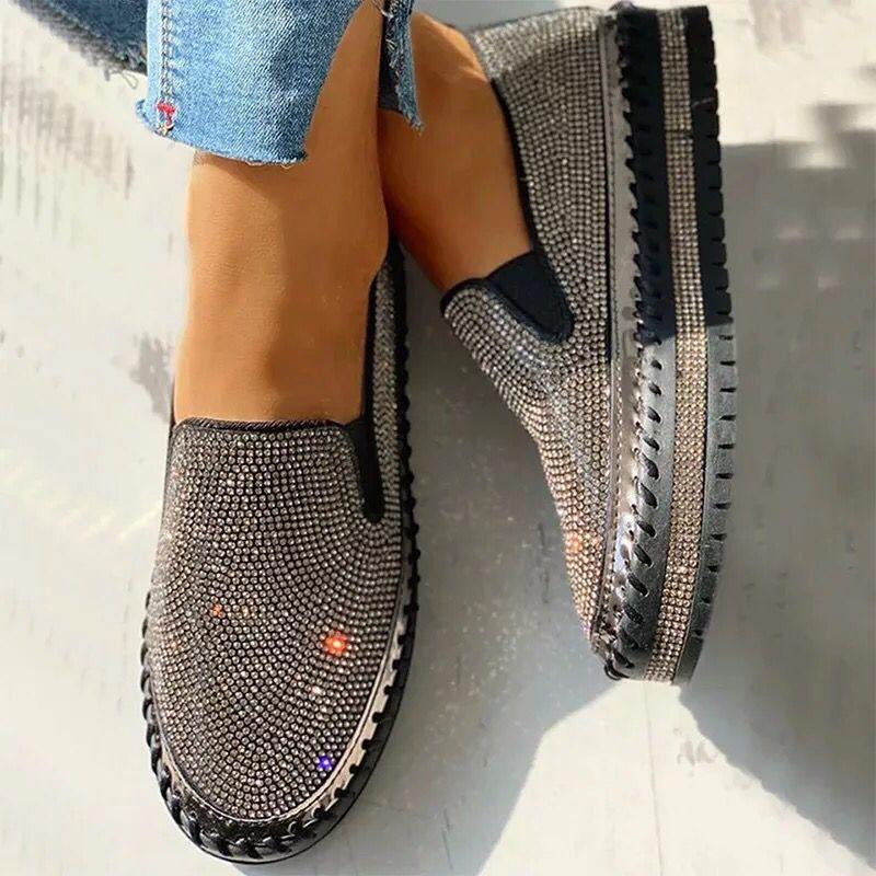 Stor storlek platta enkelsskor dam vår och sommar nya färgade strass en-pedal tjocka sulor muffin skor casual