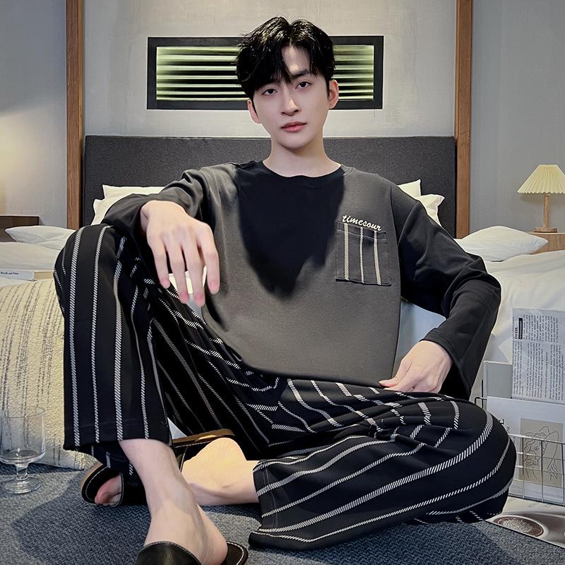 

Мужская пижама из хлопка в корейском стиле с длинными рукавами и круглым вырезом - большой размер, модная домашняя одежда на весну/осень XL