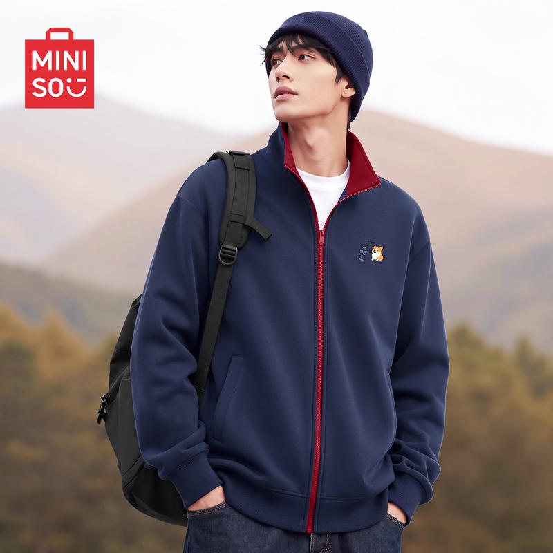 MINISO Men's Corgi Patch Color-Block Full-Zip Sweatshirt Jacket