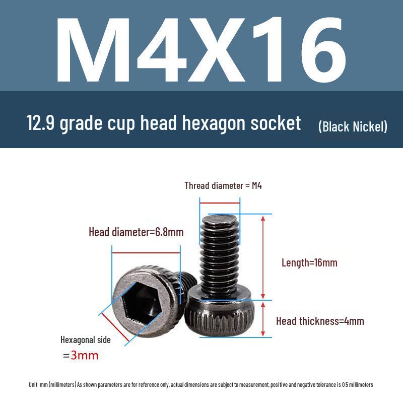 Yigu High-Strength Black Nickel Hex Socket Screw, M1.6-M4, Knurled Cup Head Bolt, 12.9 Grade.