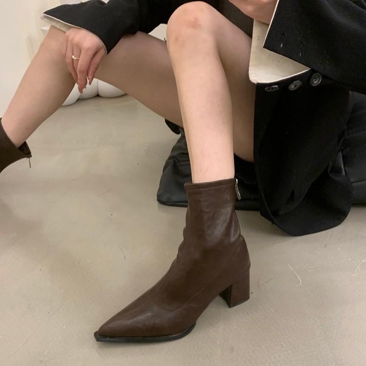 Pointed British fashion thick single boots women's 2025 new spring and autumn mid-heel small short boots thin boots fashion single boots