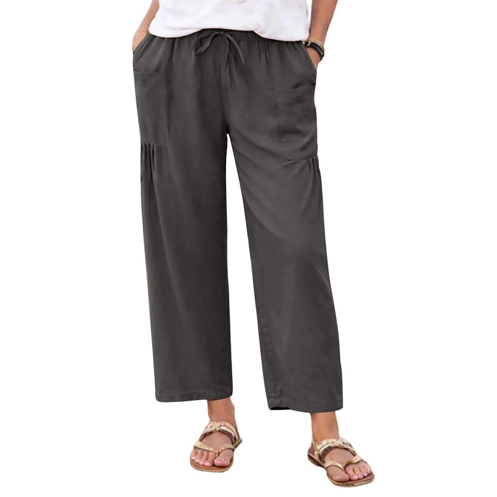 Women Loose Fit Wide Leg Drawstring Pants Casual Linen Trousers with Pockets Elastic Waistband Relaxed Fit Summer Bottoms