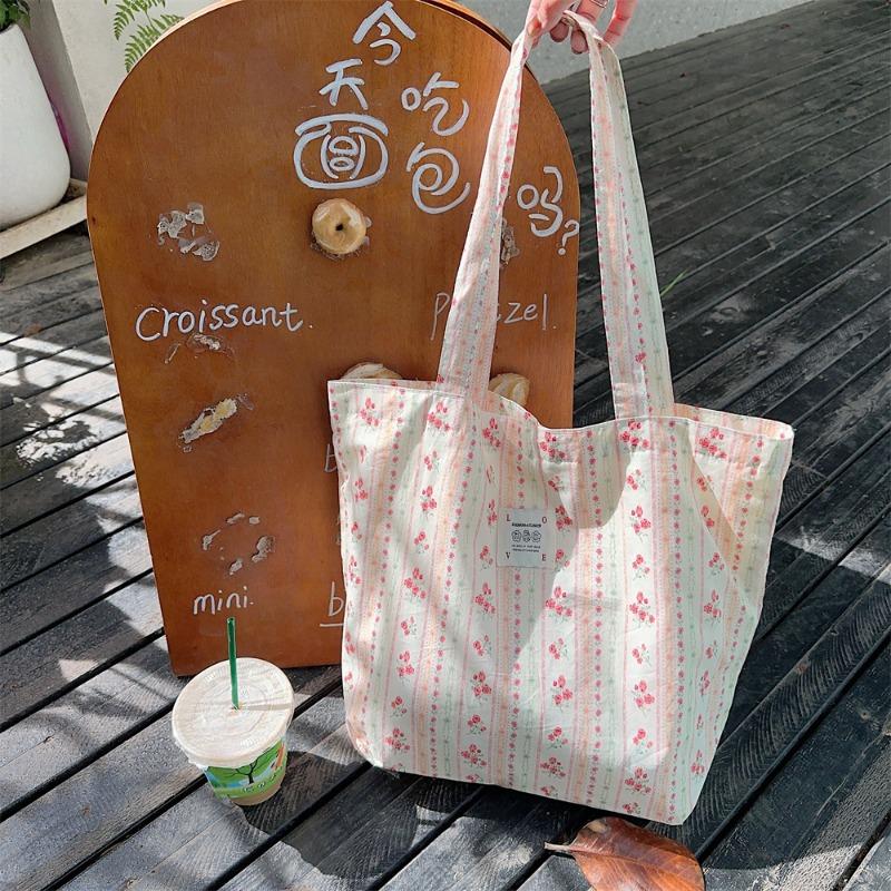 1 New Tote Bag Large Capacity Floral Canvas Shoulder Bag Portable Girl Student Shopping Bag