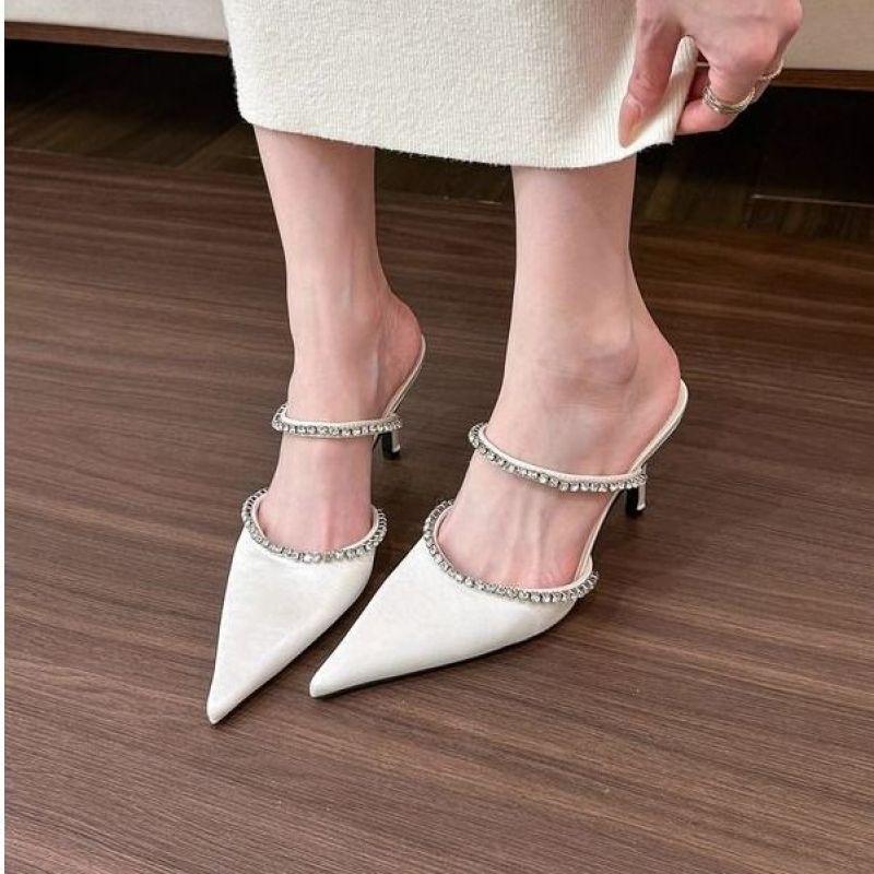 2025 new rhinestone one-word shallow high heels fashion versatile spring and summer pointed thin heel medium heel half slippers women