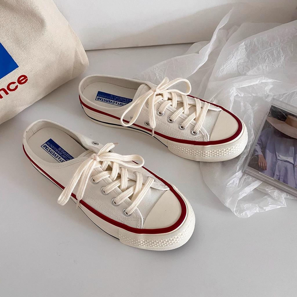 Platform Canvas Shoes Half-drag Women's Shoes Little White Shoes Women's 2025 Spring New Models Without Heels, Half-stepping Lazy Shoes Women