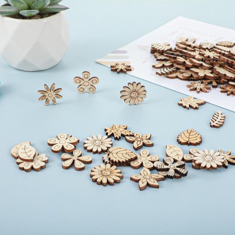 50PCS 2.5CM Wooden Flower and Leaf Pattern Cutouts for Crafts Mini Unfinished Wood Pieces for DIY Jewelry, Home Decor