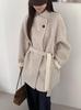 Fairy Tale Autumn/Winter Korean Style Lace-up Waist Cinching Color-block Stand Collar Double-sided Wool Coat for Women
