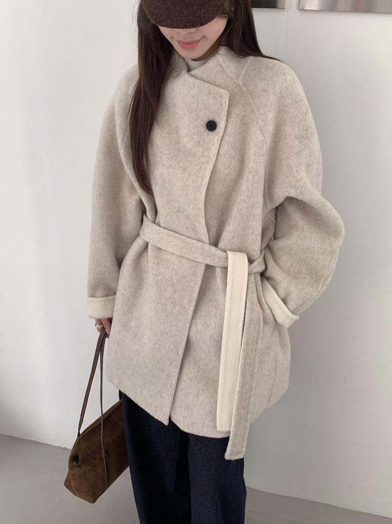 Fairy Tale Autumn/Winter Korean Style Lace-up Waist Cinching Color-block Stand Collar Double-sided Wool Coat for Women