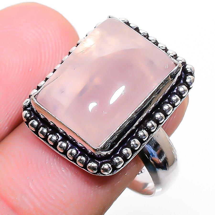 Rose Quartz Gemstone Handmade 925 Sterling Silver Jewelry Ring Size 7.5