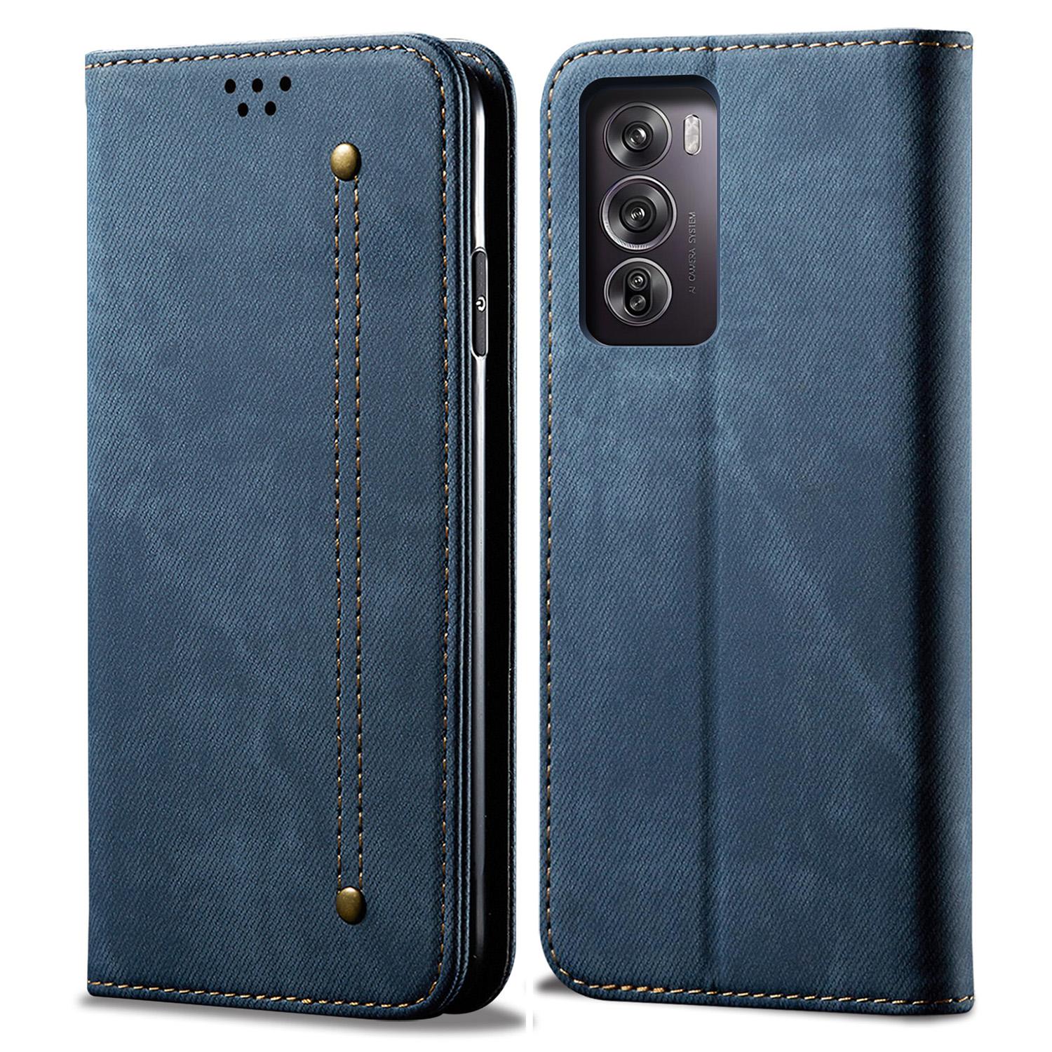 

For Oppo Reno12 5G (Global) Case Leather Shockproof Phone Cover Jeans Cloth Texture Stand Function Blue
