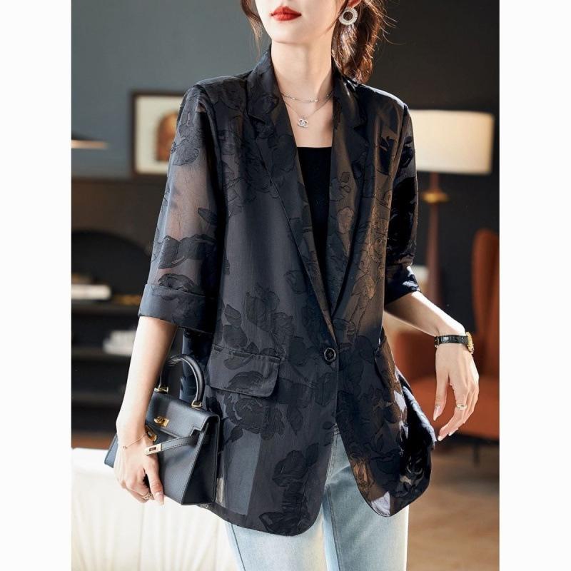 Retro Jacquard Sunscreen Suit Jacket Women's Mid-length Spring and Summer Large Size Loose Casual Thin Small Suit