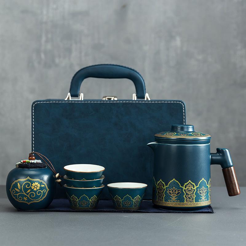Portable ceramic one pot four cups travel tea set portable tea pot tea cup small set business gift express cup
