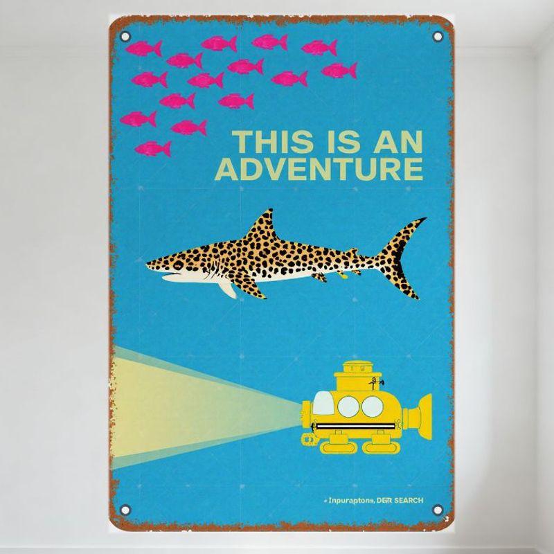 

Vintage Rusty Metal Tin Sign with Pink Fish, Yellow THIS IS AN ADVENTURE Text, Cartoon Leopard-Print Shark & Yellow Submarine 20x30cm（7.8x11.8inch）