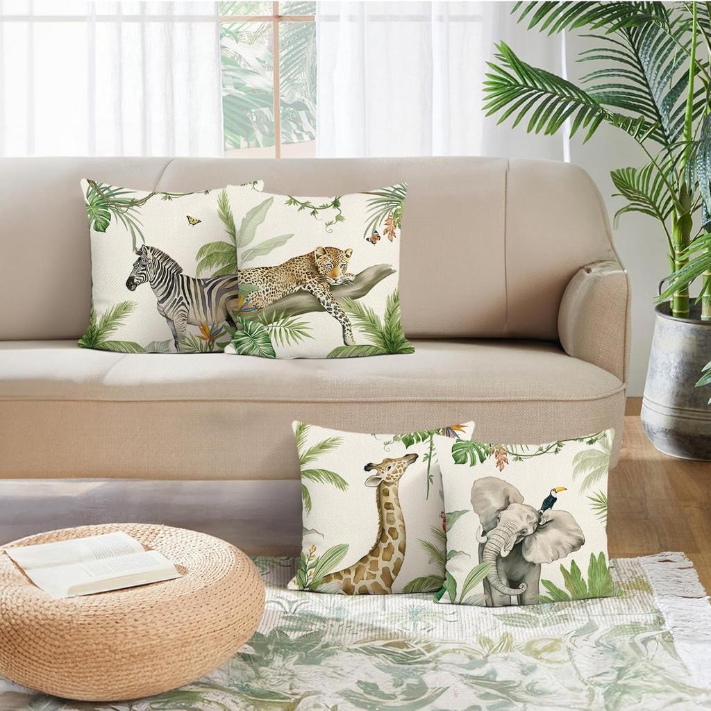 Bonhause Tropical Animals Throw Pillow Covers 18 x 18 Inch Elephant Giraffe Leopard Zebra Decorative Pillow Cases Summer Outdoor Cushion Covers for