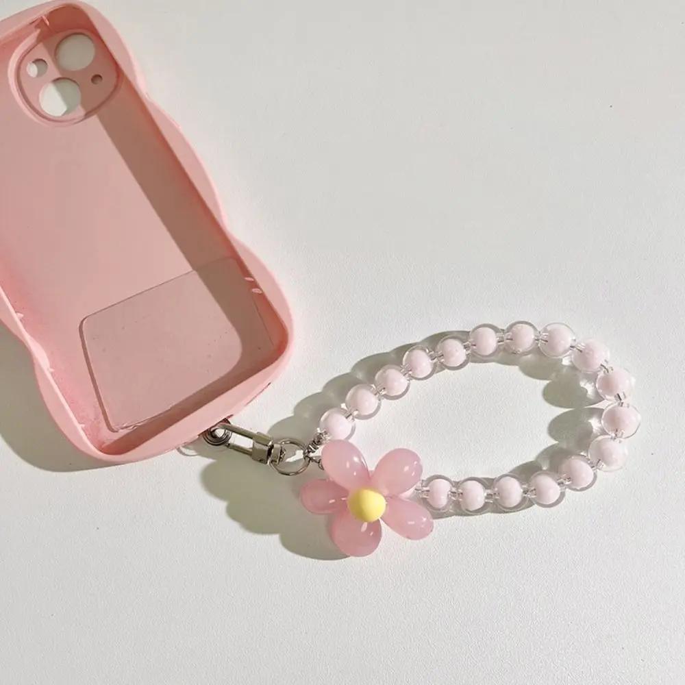 New Macaron Color Cell Phone Charm Lanyard Flower Beaded Anti-lost Mobile Phone Case Pendant Wrist Strap Hand-held Car Keychain