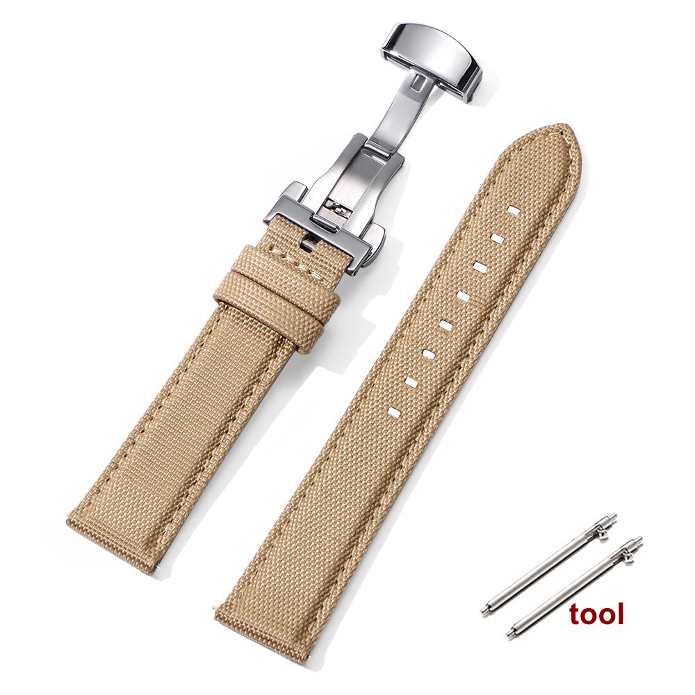 

Ремешок для часов из парусины 20/22 мм Нейлон+Кожаный ремешок для часов Водонепроницаемый Спортивный Быстросъемный Наручный ремешок Застежка-бабочка Браслет для мужчин 20mm&Silver Buckle хаки
