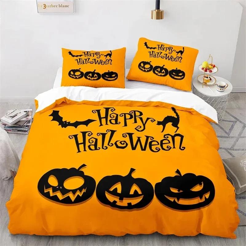 Halloween Bedding Set Pumpkin Duvet Cover Polyester Cartoon Horror Festival Bat Comforter Cover Twin King For Kids Adults Decor