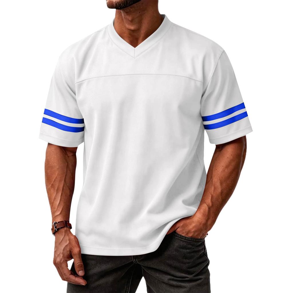 Men V Neck Short Sleeve T Shirt with Double Stripe Arm Design Casual Loose Top for Everyday Wear