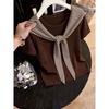 Korean design sense niche coffee color shoulder short-sleeved T-shirt women's summer new foreign style striped shawl top