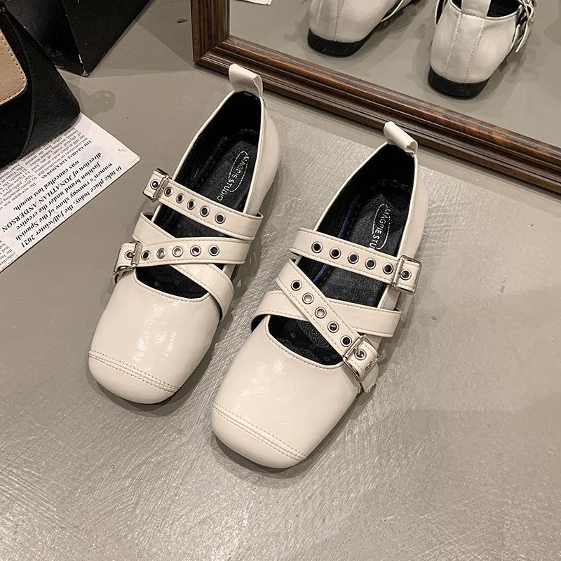 Fashion Retro Ballet Shoes Women's 2025 Summer Cross-buckle Shallow Mouth Square Head Single Shoes Versatile Flat Mary Jane Shoes
