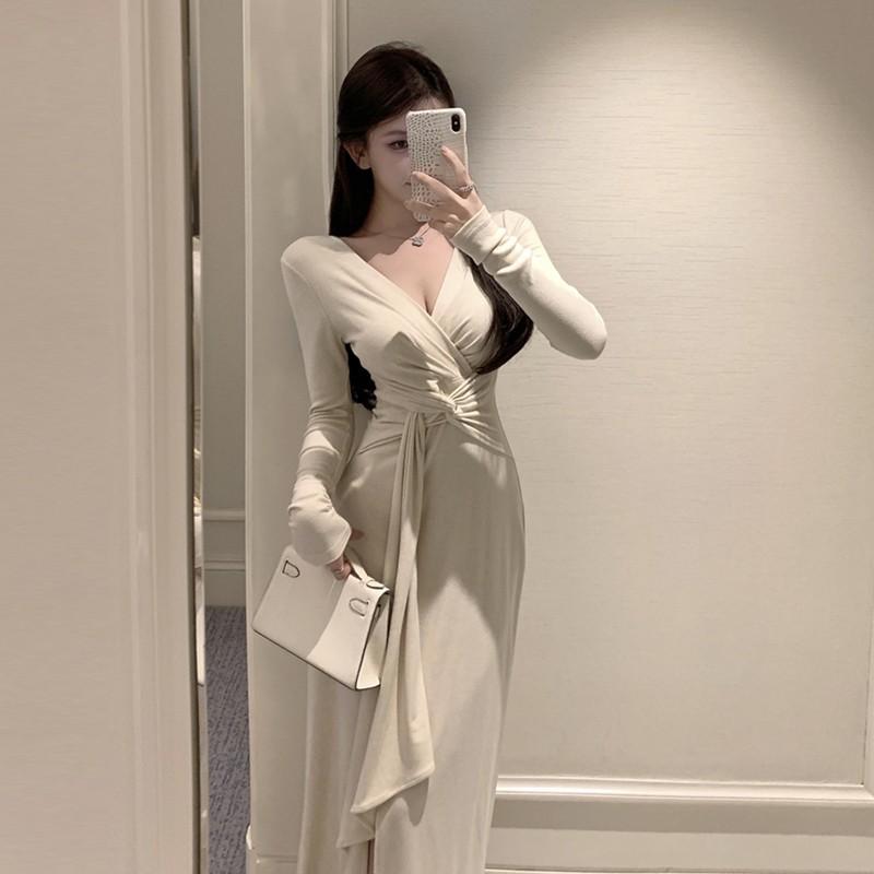V-neck kinky temperament slim hip skirt straps long sleeves irregular waist gentle tie dress