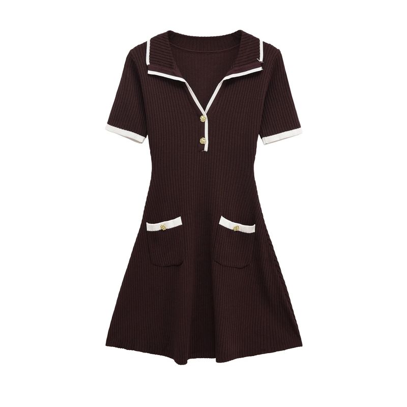 Summer New Product Women's Clothes Contrast Color Trim Short Sleeve V Neck Short Metal Button Rib Dress 4770154