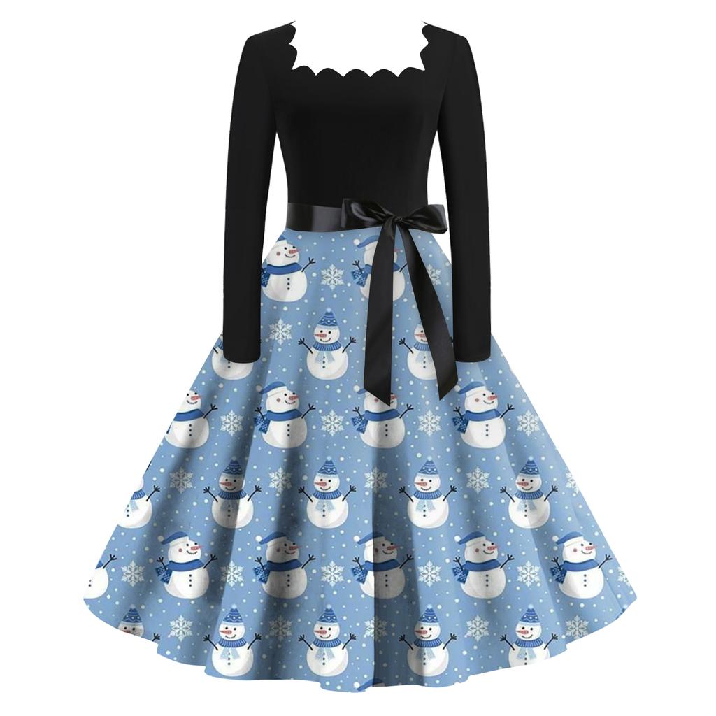 Women's Fashion Retro Long-sleeved Square Collar Christmas Printed Evening Dress