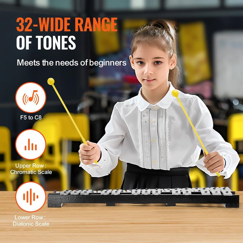 32 Note Glockenspiel Xylophone Bell Kit with Mallets, Drum Sticks and Bag