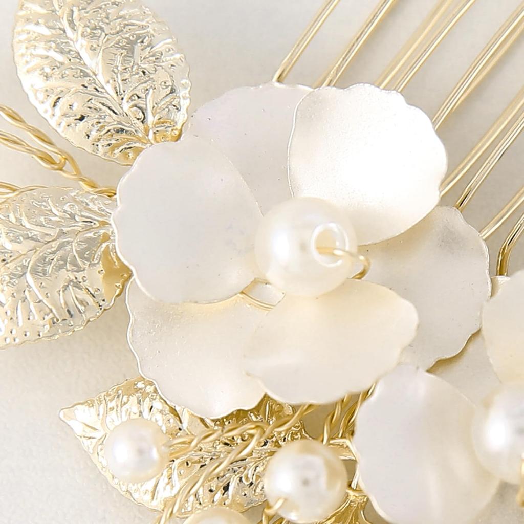 Famihot Hair Accessory Headpiece, Leaf and Seashell Flower Motif, Comb, Pearl Hairpin, 5-Piece Set, Hair Accessory for Weddings, Receptions,