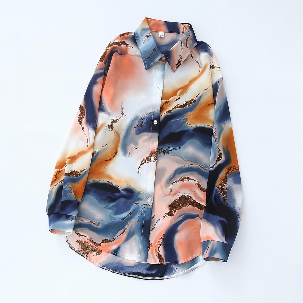Retro Tie Dye Satin Shirt Women's Summer Comfortable Top Chiffon Shirt