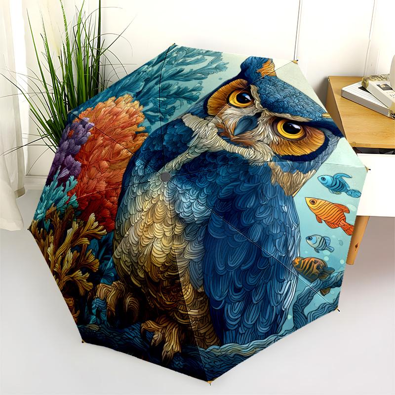 Flower Owl pattern, automatic folding umbrella, portable and foldable design, 8 ribs, a Christmas or birthday gift.