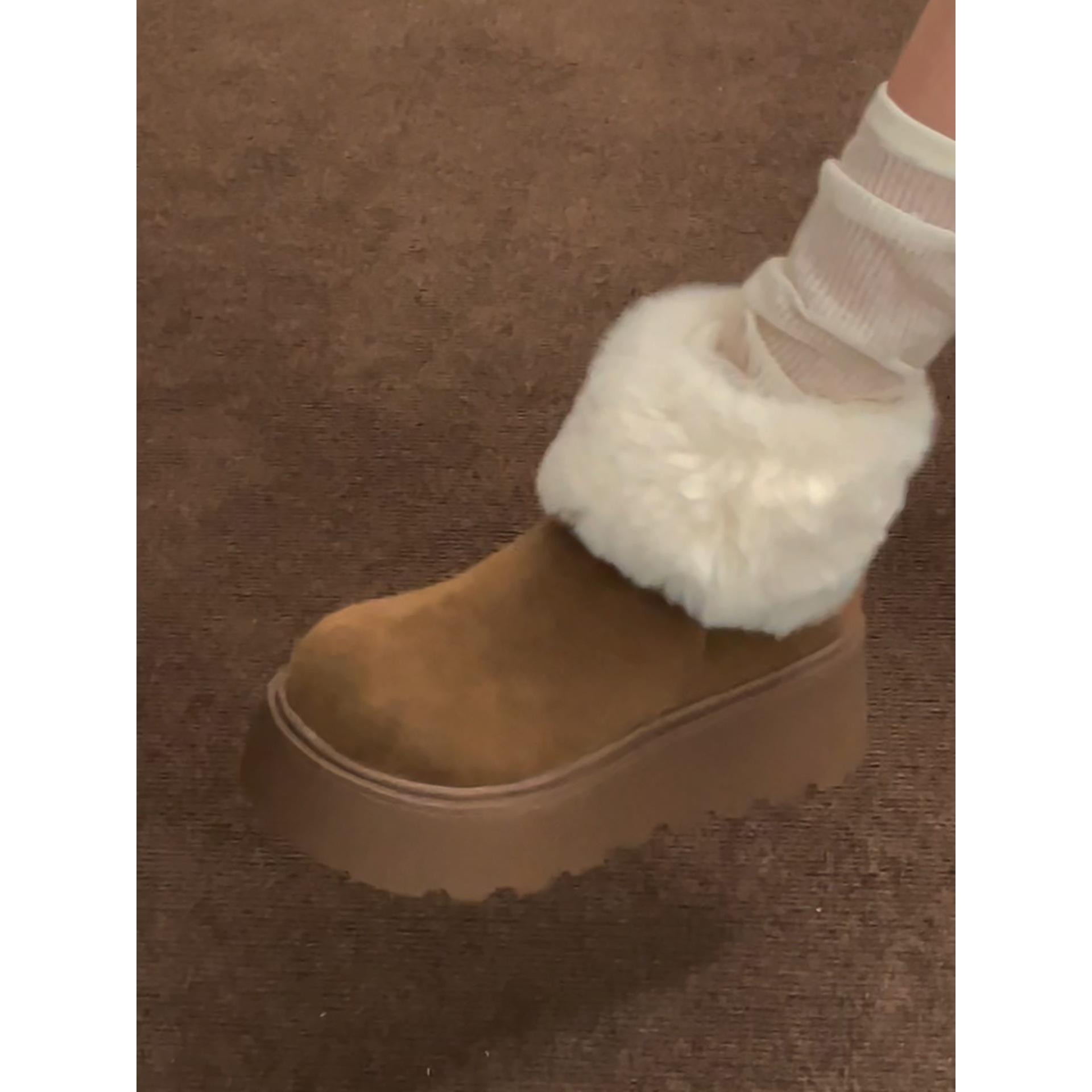 Brown retro French thick-soled velvet snow boots 2025 new winter warm Northeast Birkenstock cotton shoes 35